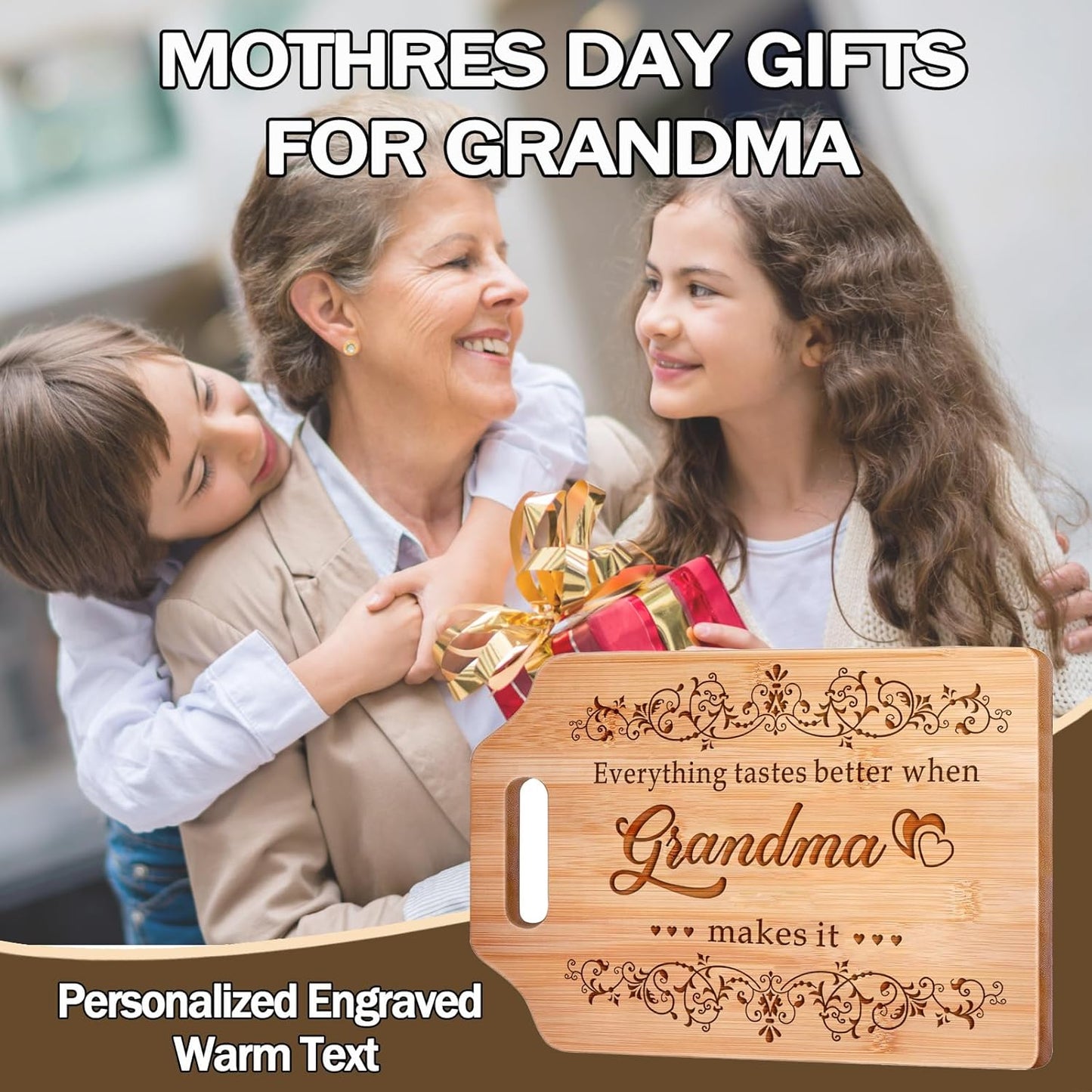 Grandma Gifts, Mothers Day Christmas, Birthday Gifts for Grandma from Grandkids - Engraved Bamboo Cutting Board 31 * 22 * 1cm, Stocking Stuffers for Women