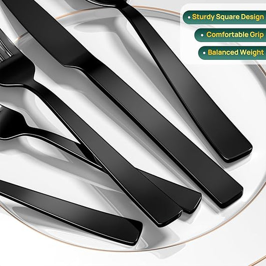 Yoehka 60 Pieces Black Silverware Set,Premium Stainless Steel Flatware Set for 12, Mirror Polished Tableware Cutlery Set for Home and Restaurant, Include Knife/Spoon and Fork, Dishwasher Safe - PuriLite