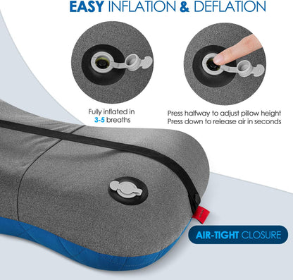 Hikenture Camping Pillow with Removable Cover - Ultralight Inflatable Pillow for Neck Lumber Support - Upgrade Backpacking Pillow - Washable Travel Air Pillows for Camping, Hiking, Backpacking (Blue)