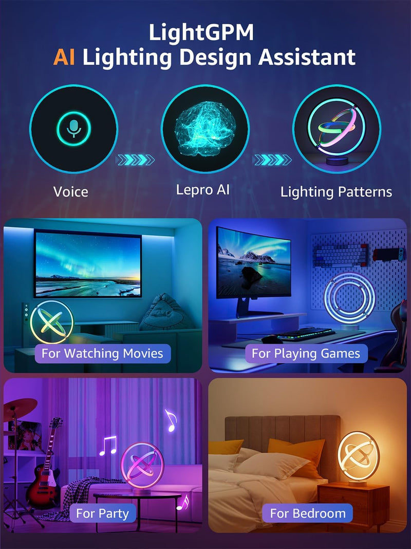 TB1 AI Smart Table Lamp, RGB Plus IC Addressable LED Lamp Alexa Google Compatible, LightBeats Music Sync, AI Generated Lighting LLM, Color Changing Modern Desk Lamp, 2.4 GHz WiFi/Bluetooth