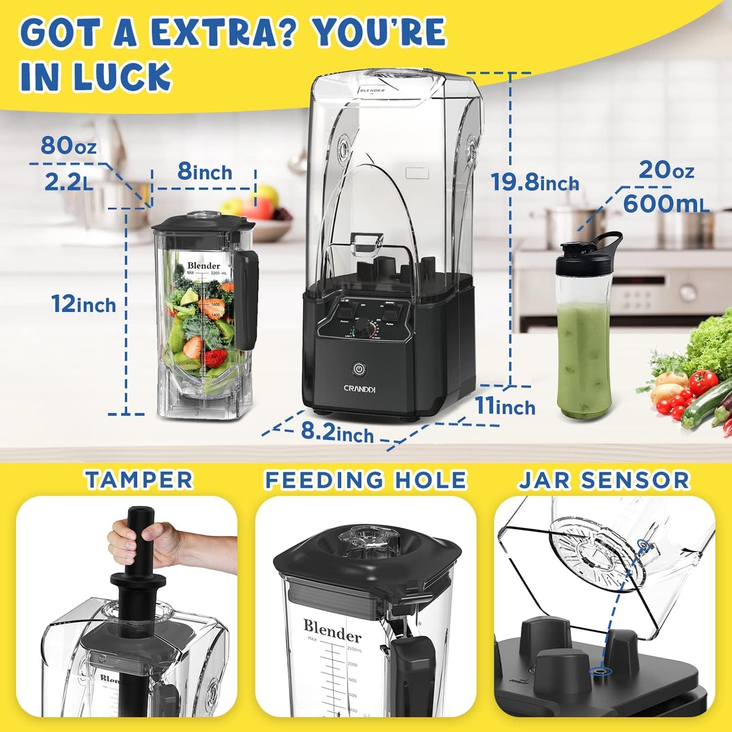 CRANDDI Commercial Quiet Blender, Soundproof Blenders, 2200 Watt Powerful Professional Kitchen Blender with BPA-Free 80oz Pitcher, Smoothie Blender for Commercial and Home K90 (Grey)
