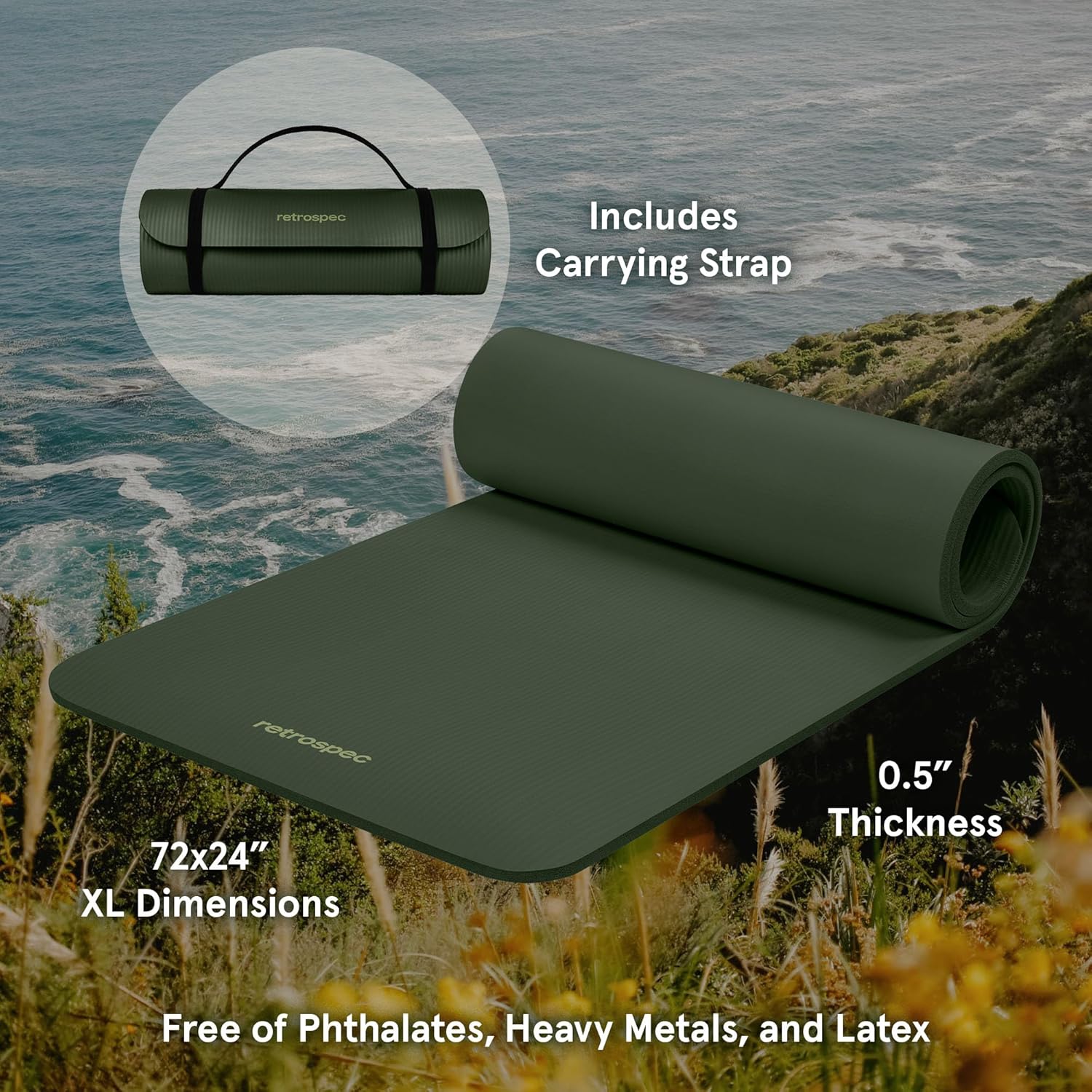 Retrospec Solana Yoga Mat 1/2" Thick – Non-Slip Exercise Mat with Nylon Strap – Pilates, Stretching & Fitness Workouts - PuriLite