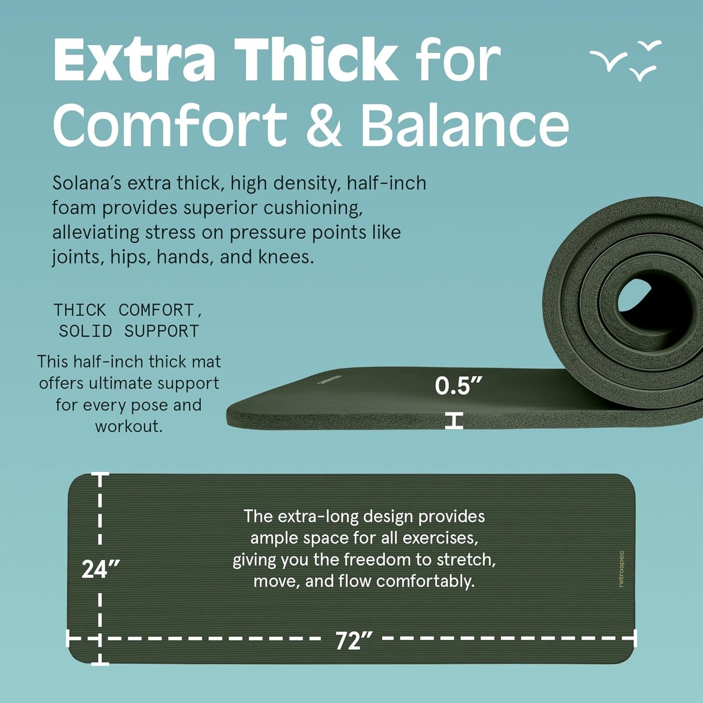 Retrospec Solana Yoga Mat 1/2" Thick – Non-Slip Exercise Mat with Nylon Strap – Pilates, Stretching & Fitness Workouts - PuriLite