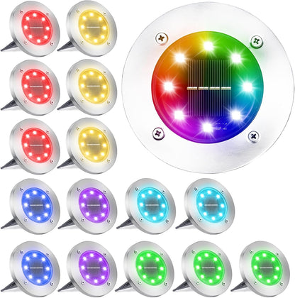 LYHOPE Solar Ground Lights Outdoor, 16 Pack 8 LED Color Changing Solar Disk Lights Waterproof Garden In-ground Pathway Lights Landscape Lighting for Lawn,Yard,Deck,Patio,Walkway (RGB)