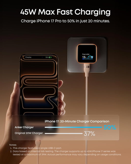 Anker Nano USB C Charger,45W USB C Charger Block with Smart Display,180°Foldable Plug,Smart Recognition,Built-in Care Mode,for iPhone17/16/15 (Non-Battery,One USB-C Port,No Cable Included)