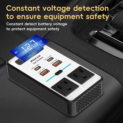 200W Car Power Inverter DC 12V to 110V AC, Cigarette Lighter Adapter Plug with 65W USB-C/USB Fast Charger 24W Laptop Car Charger with Voltage Display