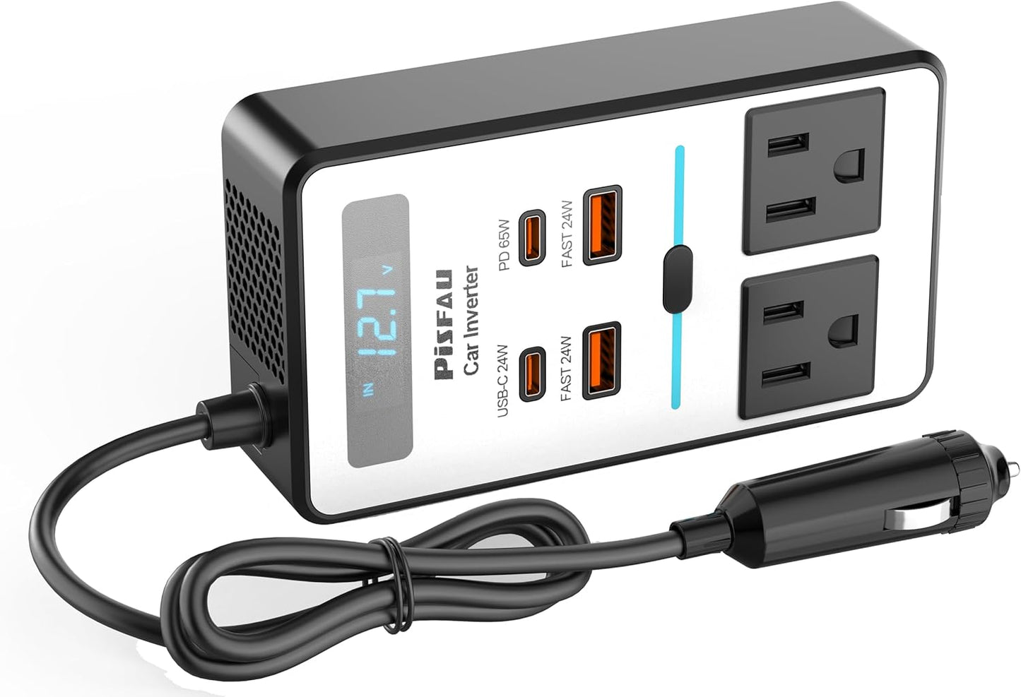 200W Car Power Inverter DC 12V to 110V AC, Cigarette Lighter Adapter Plug with 65W USB-C/USB Fast Charger 24W Laptop Car Charger with Voltage Display