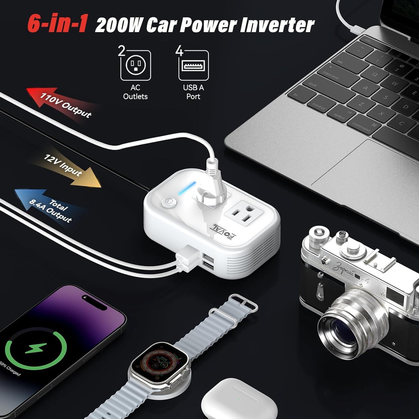 FOVAL 200W Car Power Inverter, 12V DC to 110V AC Car Converter with 4 USB Ports Car Laptop Charger Multi-Protection Car Adapter for Plug Outlet (White)