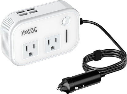 FOVAL 200W Car Power Inverter, 12V DC to 110V AC Car Converter with 4 USB Ports Car Laptop Charger Multi-Protection Car Adapter for Plug Outlet (White)