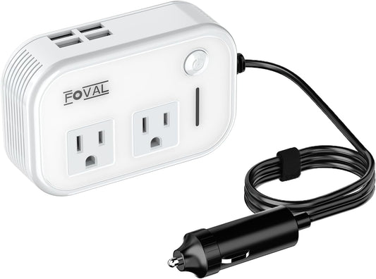 FOVAL 200W Car Power Inverter, 12V DC to 110V AC Car Converter with 4 USB Ports Car Laptop Charger Multi-Protection Car Adapter for Plug Outlet (White)