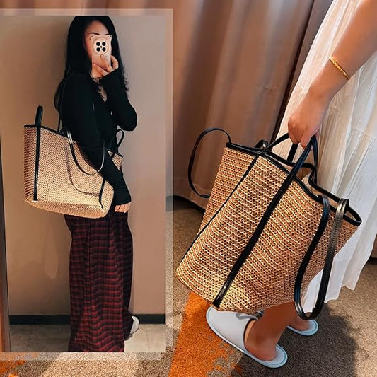 NIBD Large Woven Shoulder Bags for Women Summer Vacation Beach Bag Travel Straw Totes Bag Raffia Handbag