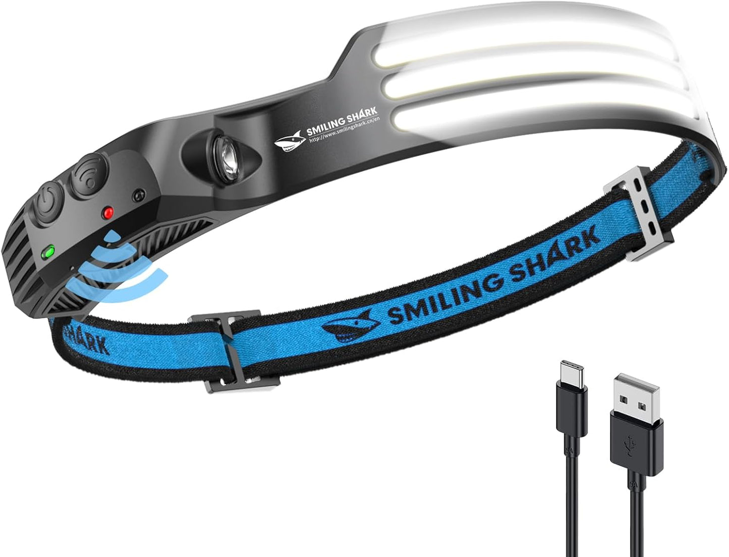 Smiling Shark LED Headlamp – Rechargeable Motion Sensor Headlight with 230° Wide-Angle Beam, 350 Lumens, Waterproof and Hands-Free, Ideal for Camping, Hiking, and Outdoor Adventures - PuriLite