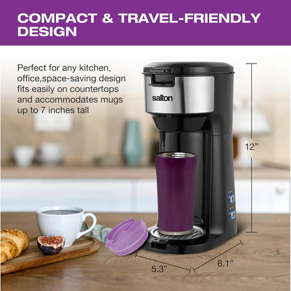 Salton 2-in-1 Coffee Maker - Single-Serve Ground Coffee Capsules with Reusable Mesh Filter Included, Brews 6 to 14 Ozs & Fits Standard-Size Travel Mug