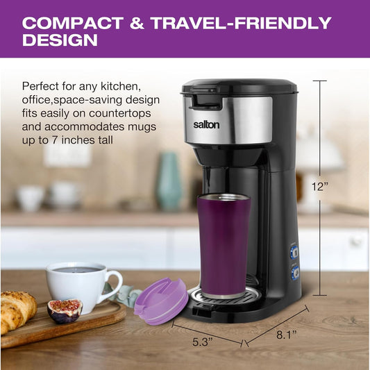 Salton 2-in-1 Coffee Maker - Single-Serve Ground Coffee Capsules with Reusable Mesh Filter Included, Brews 6 to 14 Ozs & Fits Standard-Size Travel Mug