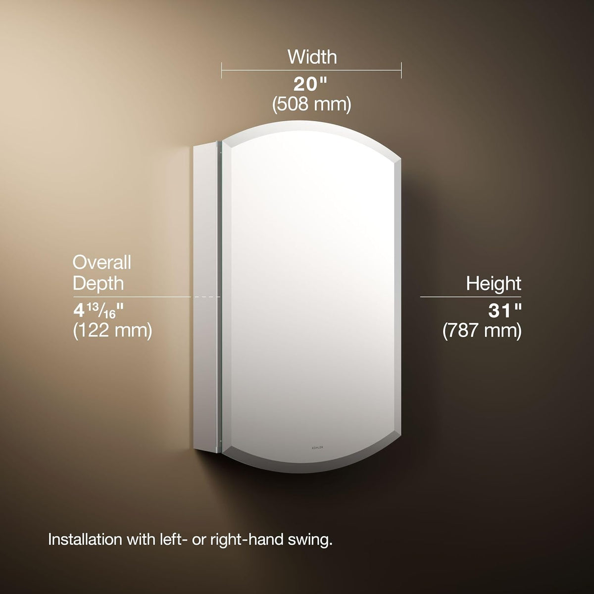 Kohler K-3073-Na Archer Frameless 20 Inch X 31 Inch Aluminum Bathroom Medicine Cabinet;; Recess or Surface Mount