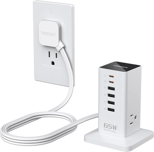 Charging Station, TESSAN 65W Max GaN USB C Charger Block, 6-Ports and 3 AC Outlets Power Tower, Fast Charging for Multiple Devices, Compatible with iPhone, Samsung and More, White