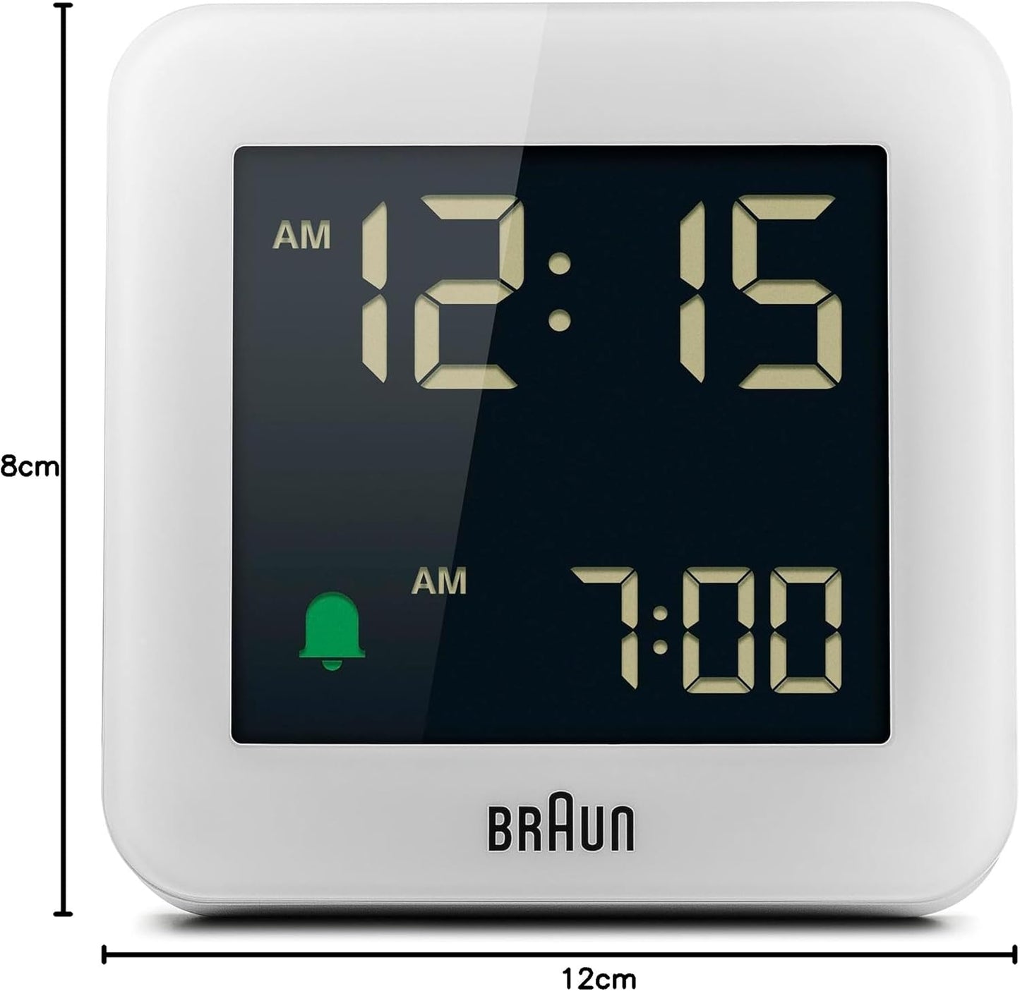 Braun Digital Alarm Clock with Snooze, Negative LCD Display, Quick Set, Crescendo Beep Alarm in White, Model BC09W.