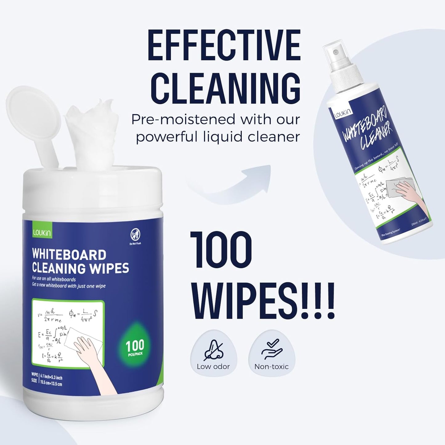 Loukin Whiteboard Cleaning Wipes, Dry Erase Board Cleaning Wipes, Non-Toxic Whiteboard Wipes, 100 Wipes per Canister, 3 Packs