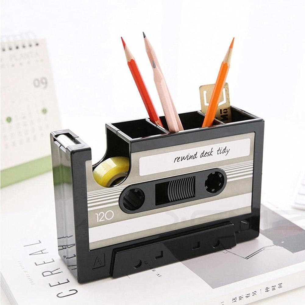 Creative Adhesive Tape Pen Holder Case, Retro Cassette Tape Dispenser Vase Brush Pot, Popular Pencil Desk Collection Tidy Organizer, Office Stationery Storage Container- Unique Gift (gray)