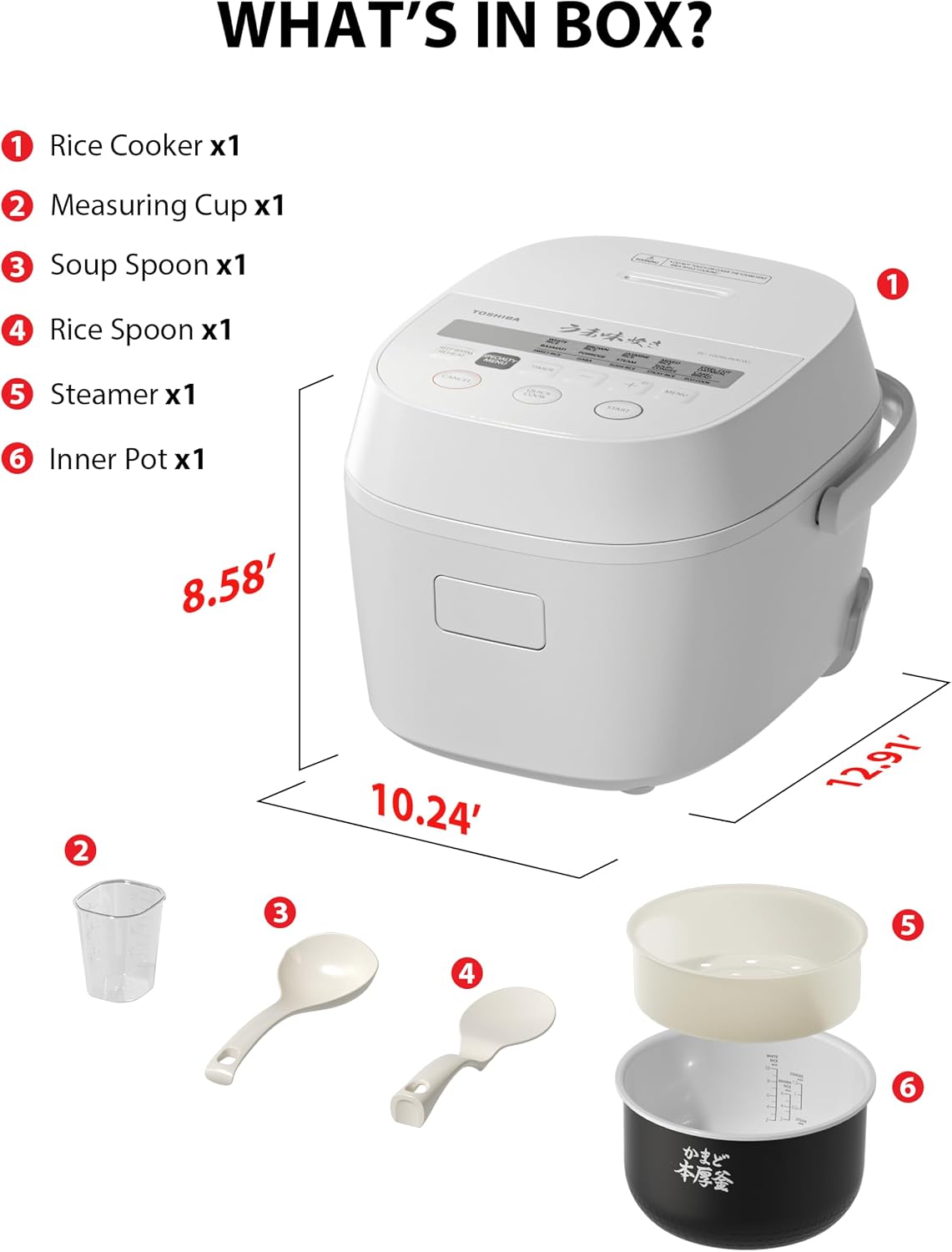 TOSHIBA Rice Cooker 5.5 Cup Uncooked – LED Display with 15 Cooking Functions, 3D Heating Technology, 24-Hr Delay Timer and Auto Keep Warm, Ceramic Inner Pot | White