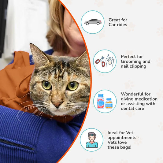 Cat-in-the-Bag Cozy Comfort Carrier - Small Caramel Pet Carrier for Cat and Cat Restraint for Medication Administration, Nail Clipping, Travel, Vet Visits, and Dental Care - PuriLite