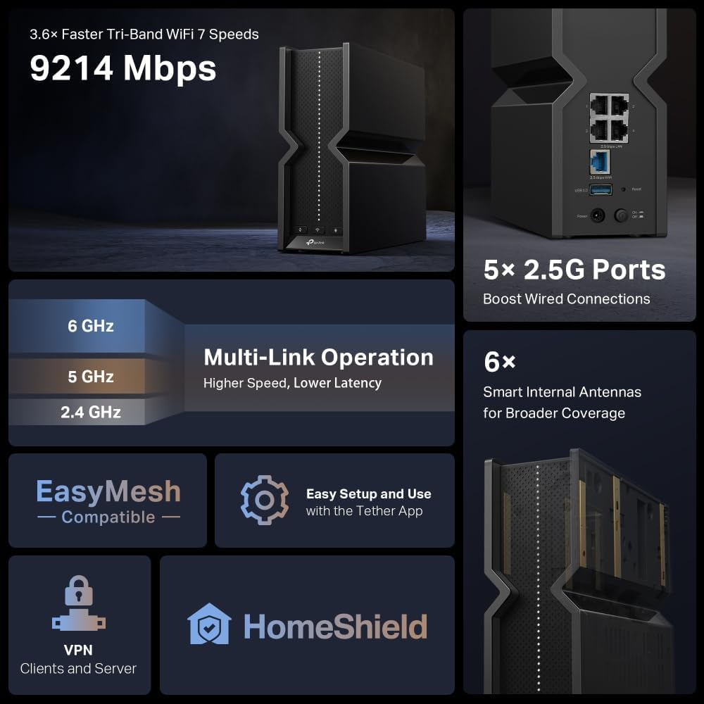 TP-Link Dual-Band BE3600 Wi-Fi 7 Router (Archer BE230) - 4-Stream 3.6 Gbps, 2×2.5G + 3×1G Ports, USB 3.0, 2.0 GHz Quad Core, 6 Antennas, VPN Clients & Server, EasyMesh, HomeShield, MLO, Private IOT