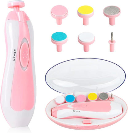 Baby Nail File Clippers Electric: Baby Nail Trimmer Electric Kit Fingernails Toes Care Manicure 6-in-1 Set with LED Light Safe for Newborn Kids and Adult Pink
