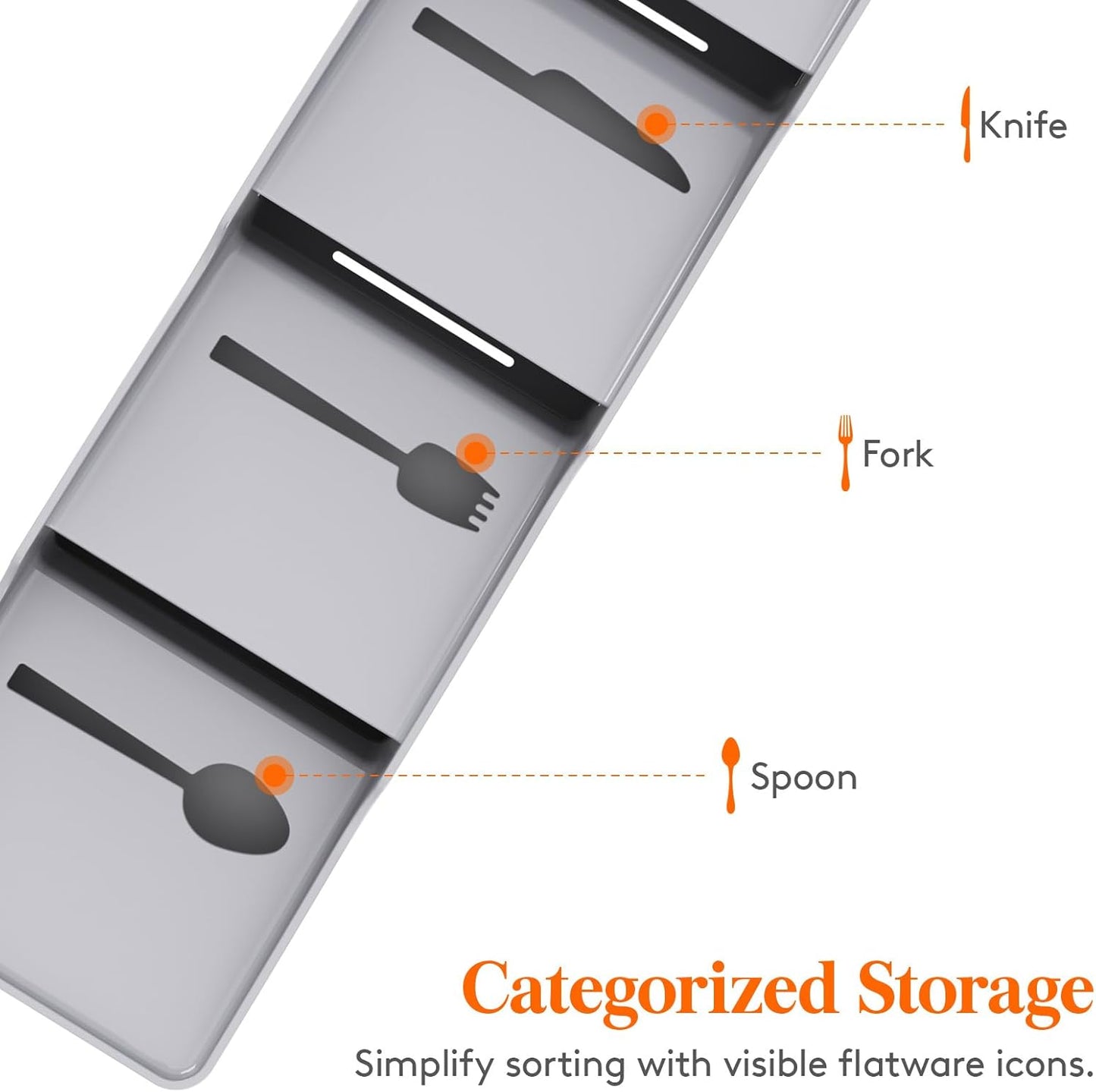 Compact Flatware Drawer Organizer, Narrow Silverware Tray for Kitchen Utensils, Gray Plastic Cutlery Holder for Spoons, Forks, and Knives - PuriLite