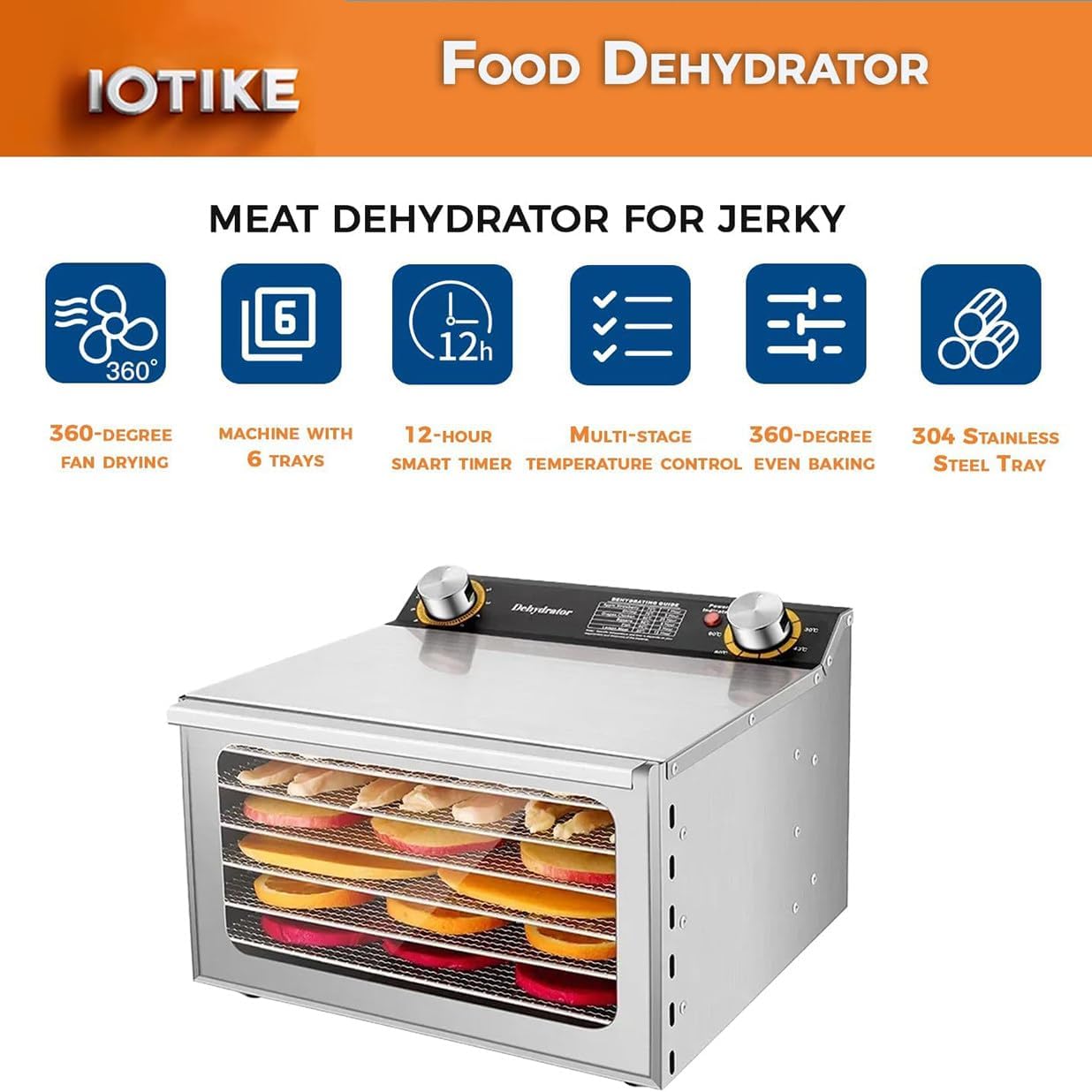 Electric Food Dehydrator, Commercial Freeze Dryer with 12H Timer, 30-90℃ Temperature Control, Stainless Steel Fruit Dryer for Jerky, Beef, Herb, Vegetables, Dog Treats