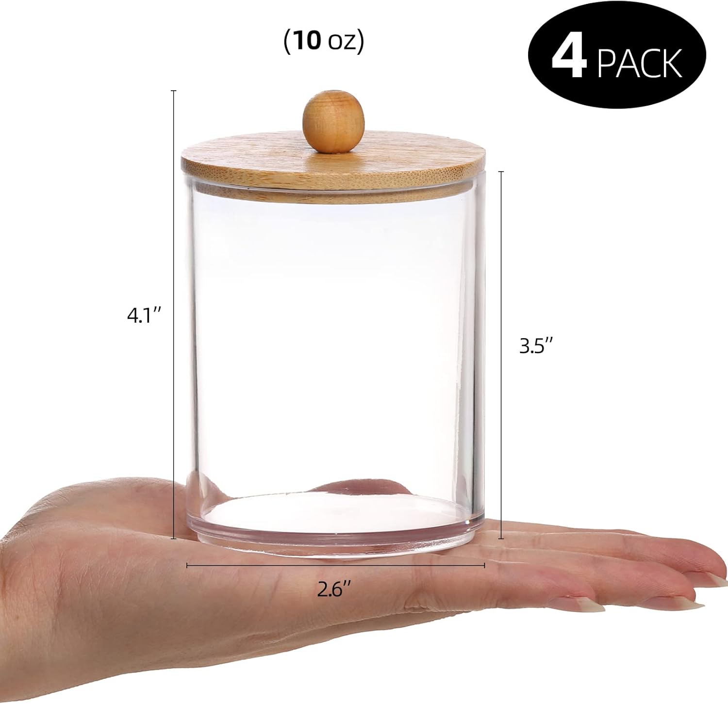 Clear Bathroom Organizer Jars with Bamboo Lids – 4 Pack Plastic Apothecary Containers for Cotton Swabs, Cotton Balls, Floss and Small Essentials - PuriLite