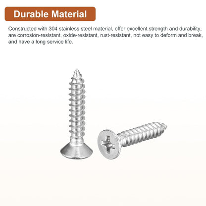 DTGN 100Pcs #8x1 Flat Head Wood Screws, 304 Stainless Steel Phillips Self Tapping Screws - Good for Woodworking, Furniture - Silver
