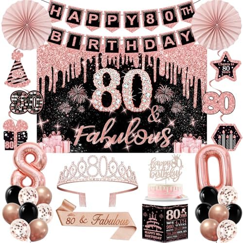 40th Birthday Decorations for Women,32pcs 40th Birthday Party Decorations,Including Backdrop, Crown,Sash,banner, Hanging Swirl,Cake Topper,balloons,Paper Fans,Anniversary Card and paper fans