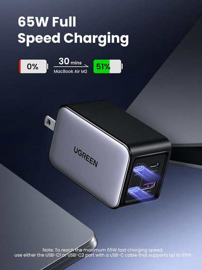 UGREEN Nexode 65W 4 Port GaN Fast Charging Block, 3 Port USB C Fast Compact Wall Charger Compatible with MacBook Pro/Air, iPhone 16 15 14 Pro, iPad, Galaxy S25/S24/S23, Pixel 8, Steam Deck
