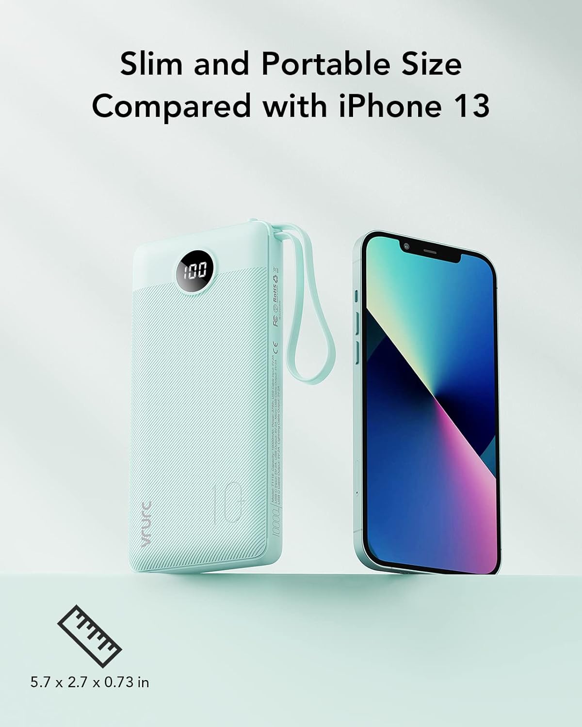VRURC 10000mAh Power Bank Built-in Cables, Portable Charger with LED Display, Slim Intelligent Travel Battery Pack with Cords, 5 Output Dual Input Phone Charger for Cell Phone Smart Devcies-Blue