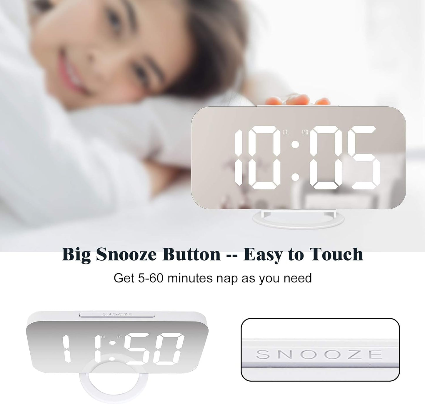 Digital Alarm Clock,Large LED Mirror Display, 2 USB Charging Ports，Auto Dim Mode，Modern Design Clock for Bedroom Office, White