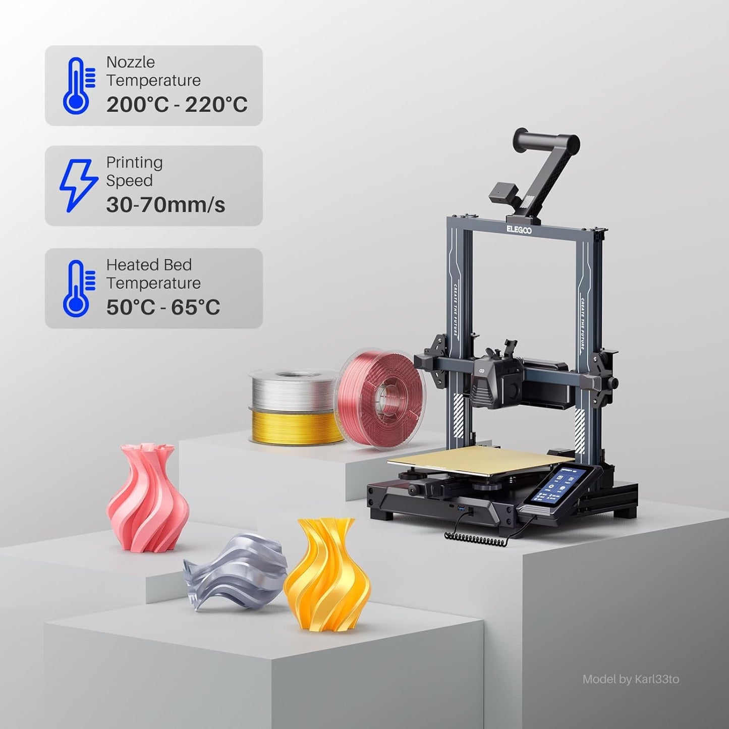 ELEGOO PLA Filament 1.75mm Black 1KG,3D Printer Filament Dimensional Accuracy +/- 0.02mm,1kg Cardboard Spool(2.2lbs) 3D Printing Filament Fits for Most FDM 3D Printers