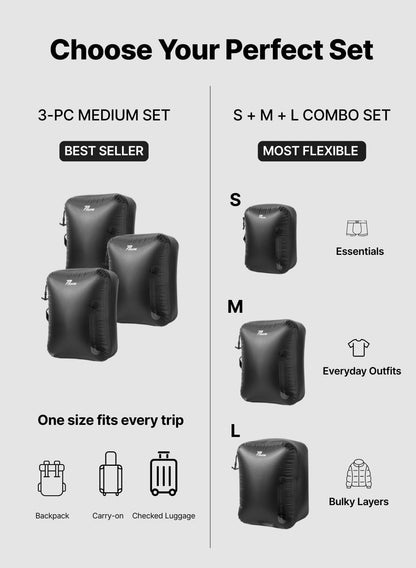 Vacuum Bags for Travel with Wireless Pump, 180° Open Zipper, IP67 Waterproof, Reusable Space Saver Compression Bags for Backpack, Suitcase, Home Storage(2 Pack + Pump)