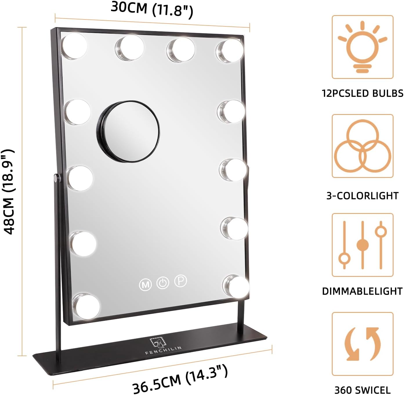 FENCHILIN Lighted Makeup Mirror Hollywood Mirror Vanity Makeup Mirror with Light Smart Touch Control 3Colors Dimmable Light Detachable 10X Magnification 360°Rotation(White)