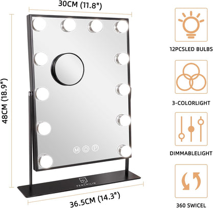FENCHILIN Lighted Makeup Mirror Hollywood Mirror Vanity Makeup Mirror with Light Smart Touch Control 3Colors Dimmable Light Detachable 10X Magnification 360°Rotation(White)