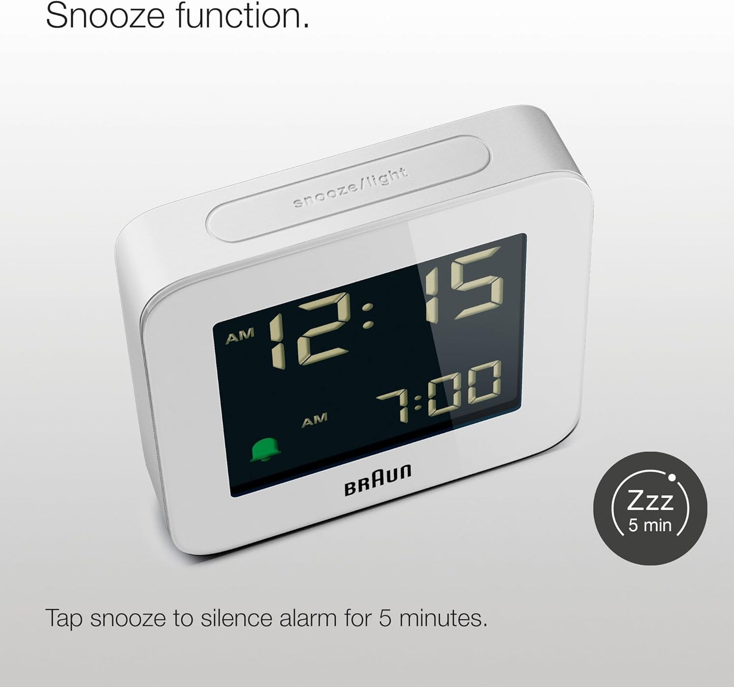Braun Digital Alarm Clock with Snooze, Negative LCD Display, Quick Set, Crescendo Beep Alarm in White, Model BC09W.