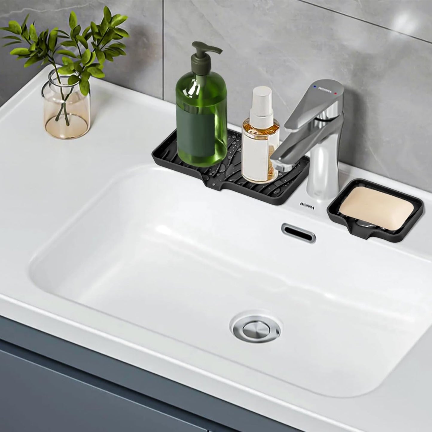 TIKNIK Silicone Dish Drying Mat for Kitchen Counter, Dish Drying Pad, Non-Slip Drain Pad with Built-in Drain, Heat Resistant Stone Drying Mat(40 L x 33 W cm, Grey)