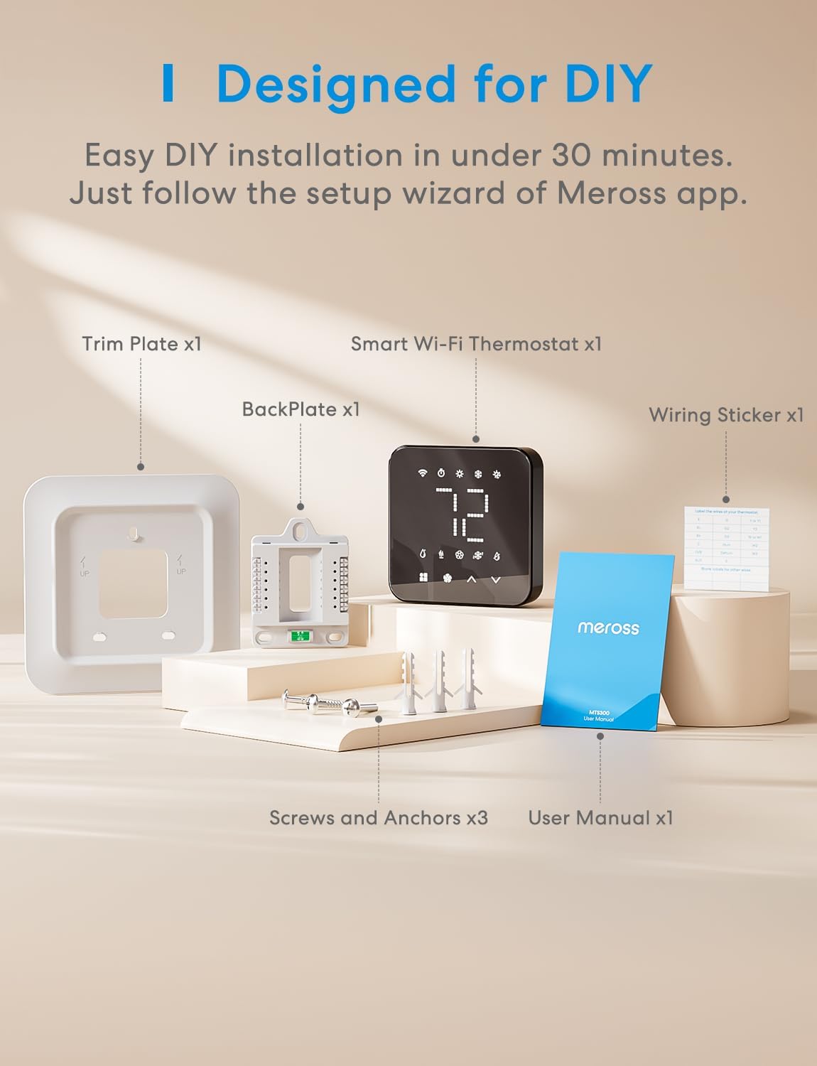 meross Smart Thermostat for Home, WiFi Thermostat Works with Matter, Alexa, Apple Home, Google Assistant, App Voice Control, 7x24h Scheduling, Energy Saving, C-Wire Required