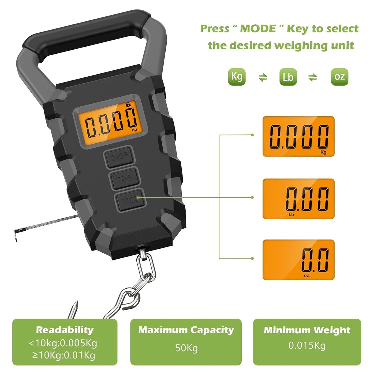 KeeKit Digital Fishing Scale with Ruler, 110lb/50kg Electronic Digital Luggage Scale, Waterproof Fishing Postal Hanging Hook Scale with Measuring Tape, Backlit LCD Display