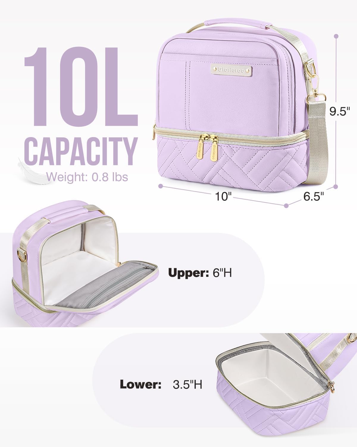 Lunch Box Bag Women Girls - Double Deck Vegan Leather Insulated Waterproof Leakproof Cooler for Work Travel Picnics - Back to School Teacher Mothers Day Christmas Birthday Gifts (Purple, Medium 10L)