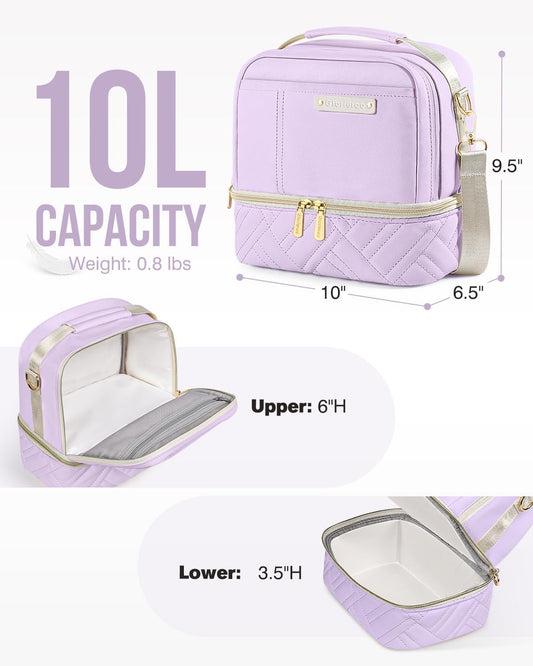 Lunch Box Bag Women Girls - Double Deck Vegan Leather Insulated Waterproof Leakproof Cooler for Work Travel Picnics - Back to School Teacher Mothers Day Christmas Birthday Gifts (Purple, Medium 10L)