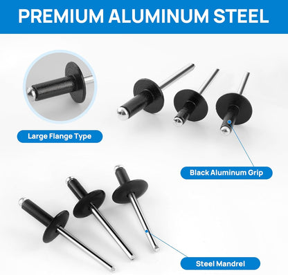 Besitu 210Pcs Pop Rivets Assortment Kit, 1/8" 3/16" 1/4" Large Flange Solid Rivets Set Aluminum Grip Stainless Steel Mandrel Blind Rivets for Metal Heavy Duty