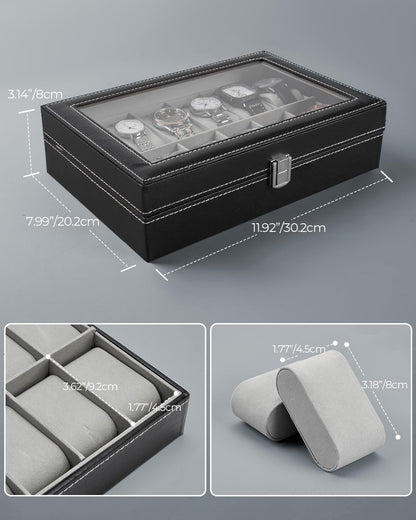 Ohuhu Watch Box Organizer for Men -12 Slot Leather Watch Case with Real Glass Lid Watch Display Case, Watch Organizer Jewelry Storage Box