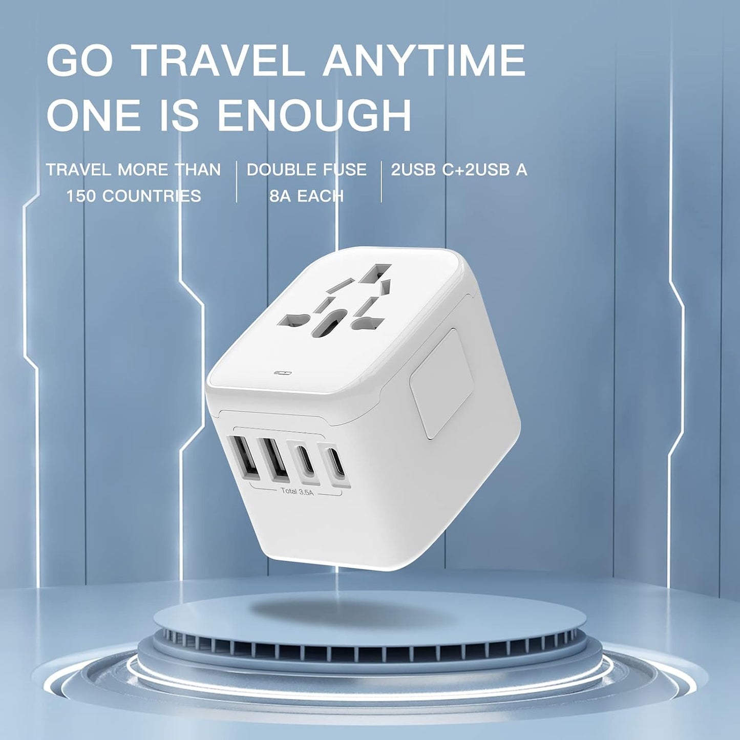Universal International Power Travel Plug Adapter, 5 in 1 European Travel Plug Adapter W/ 3.5A 2xUSB-A and 2xUSB C Wall Charger and Worldwide AC Outlet for Europe USA UK AUS Asia (White)