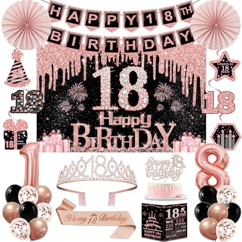 40th Birthday Decorations for Women,32pcs 40th Birthday Party Decorations,Including Backdrop, Crown,Sash,banner, Hanging Swirl,Cake Topper,balloons,Paper Fans,Anniversary Card and paper fans