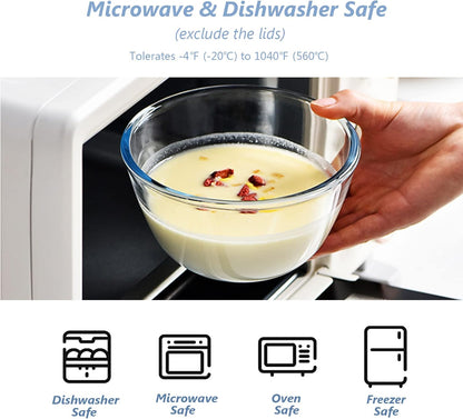 Whiterhino Glass Mixing Bowls with Lids Set of 3（4.5QT,2.7QT, 1.1QT, Large Clear Salad Fruit Nesting Bowl for Cooking,Baking,Prepping,Serving and Storage,Dishwasher and Microwave Safe